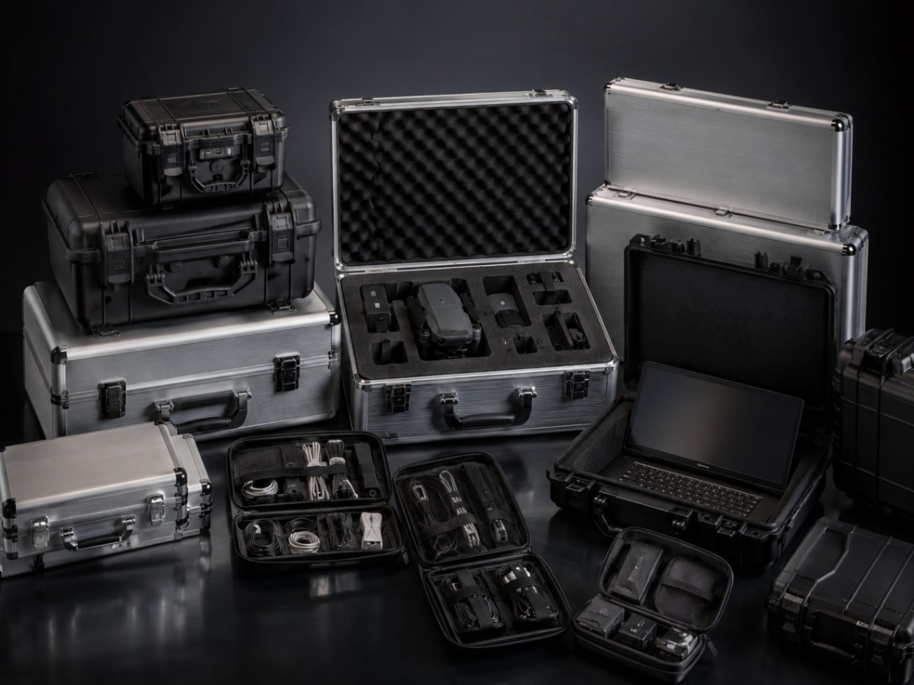 Sample cases and components staged for inspection