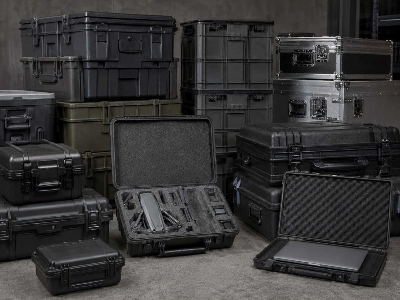 Industrial crates and storage staged in a supplier warehouse