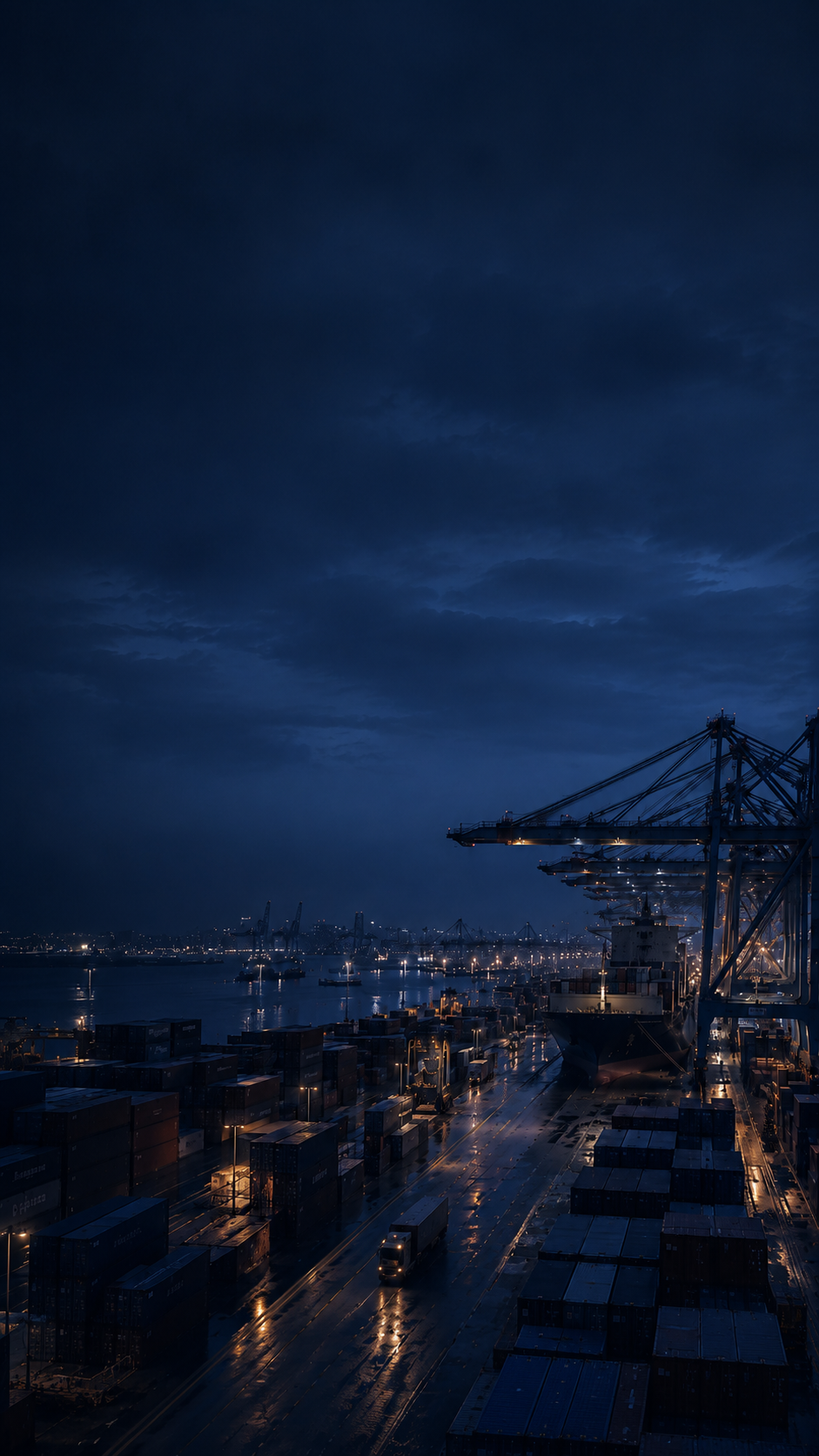 Container port at dusk with cranes and freight