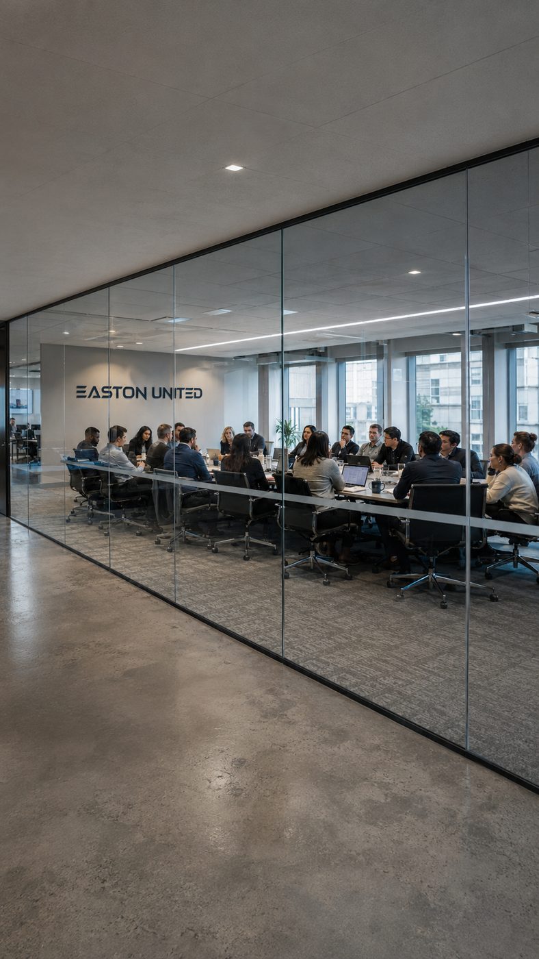 Easton United procurement team reviewing suppliers in a conference room