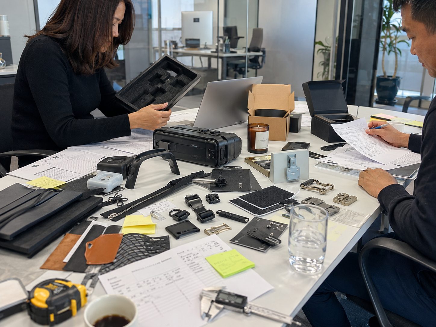 Procurement team reviewing physical samples, materials, and hardware on a conference table